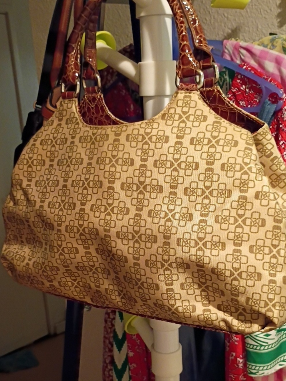 Beige Patterned Shoulder Bag with Brown Trim